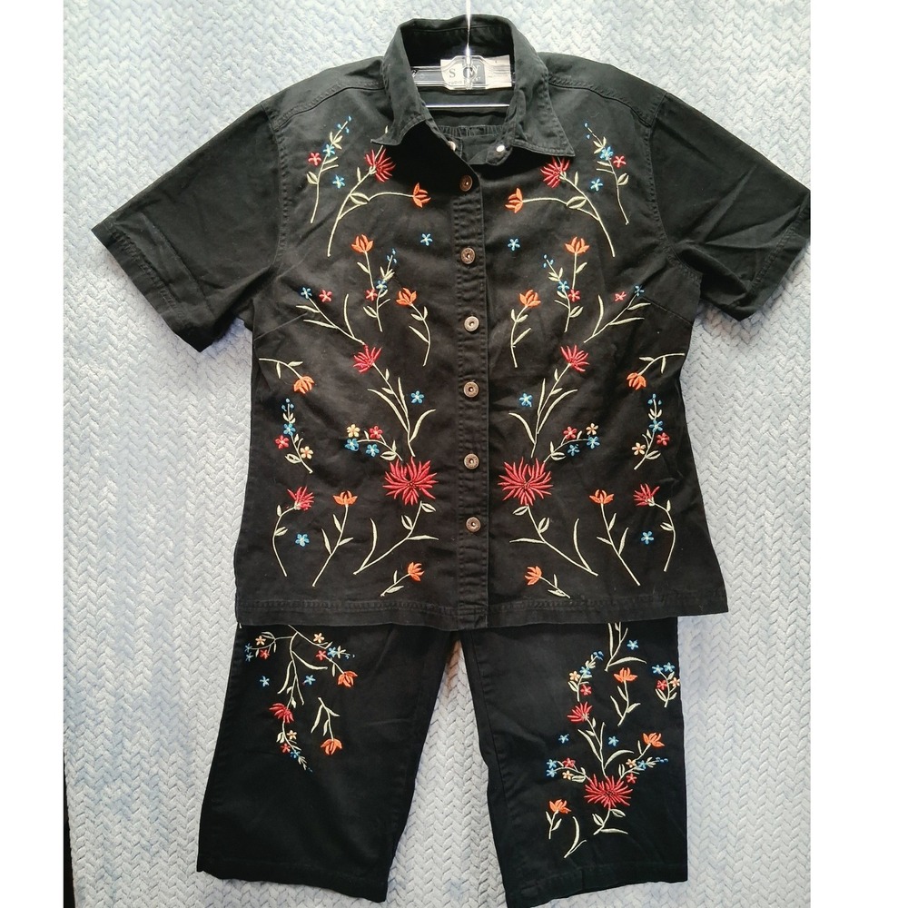 Studio West Womens Black Cotton Floral Embroidered Shirt and Crop Pants Set L
